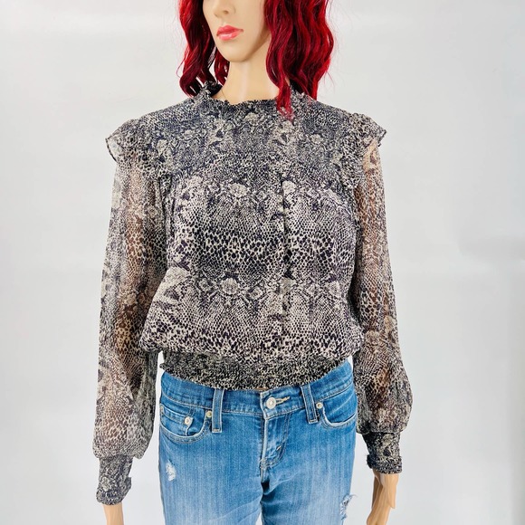 Free People Womens Roma Chiffon Top Medium Black Gray Snake Combo Ruffle Smocked - Picture 3 of 12